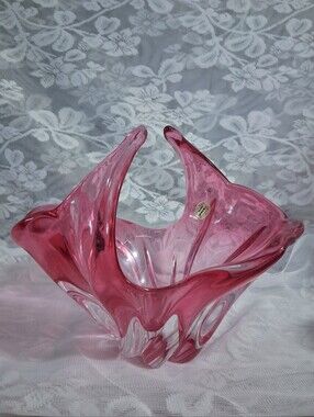 Vintage Bohemian Art Glass Basket Cranberry Clear Cased Glass Mid Century Czech